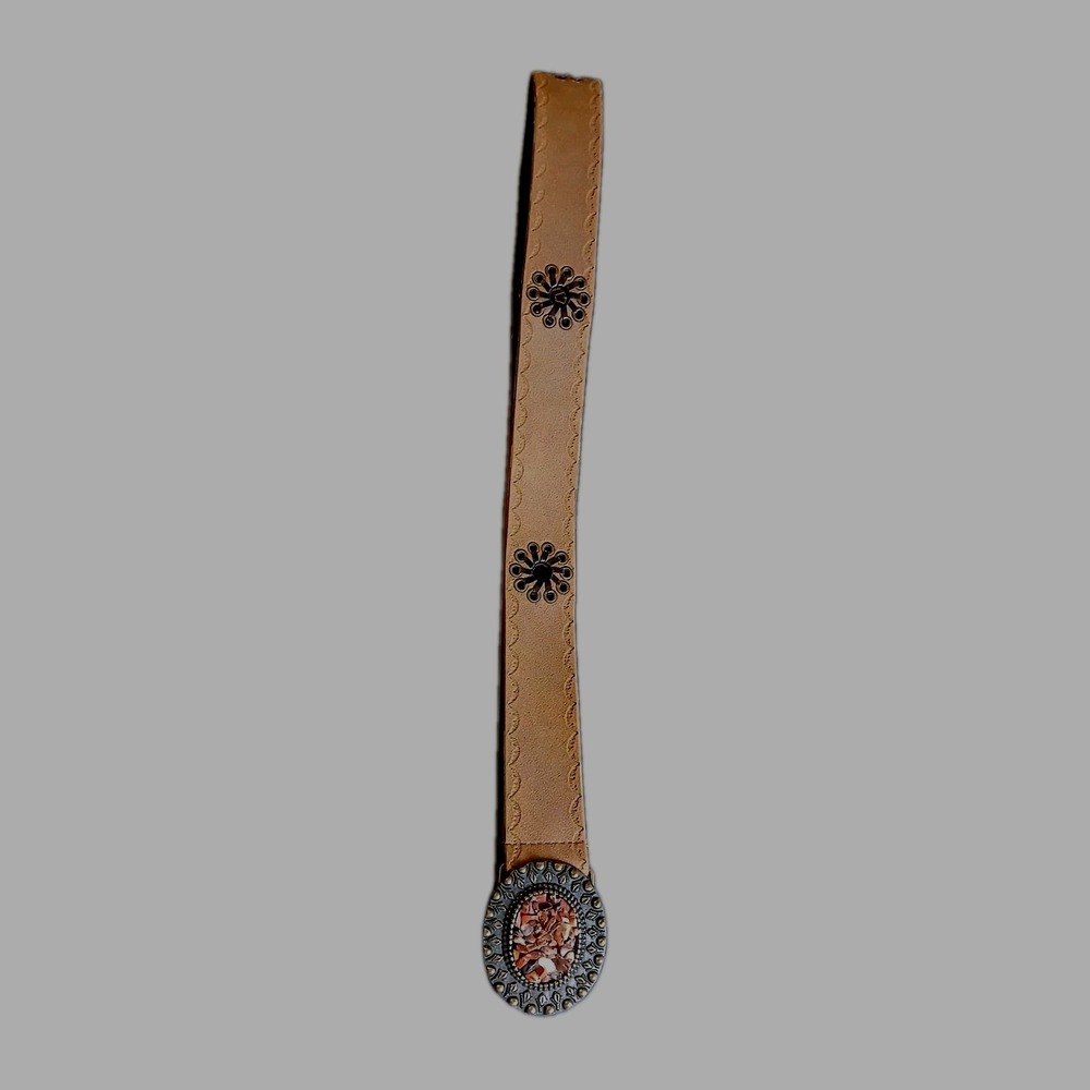 Vintage Goldtone Belt Buckle With‎ Mosaic Stone Inlay Brown Belt M/L 32-34 #1538 - Picture 5 of 11